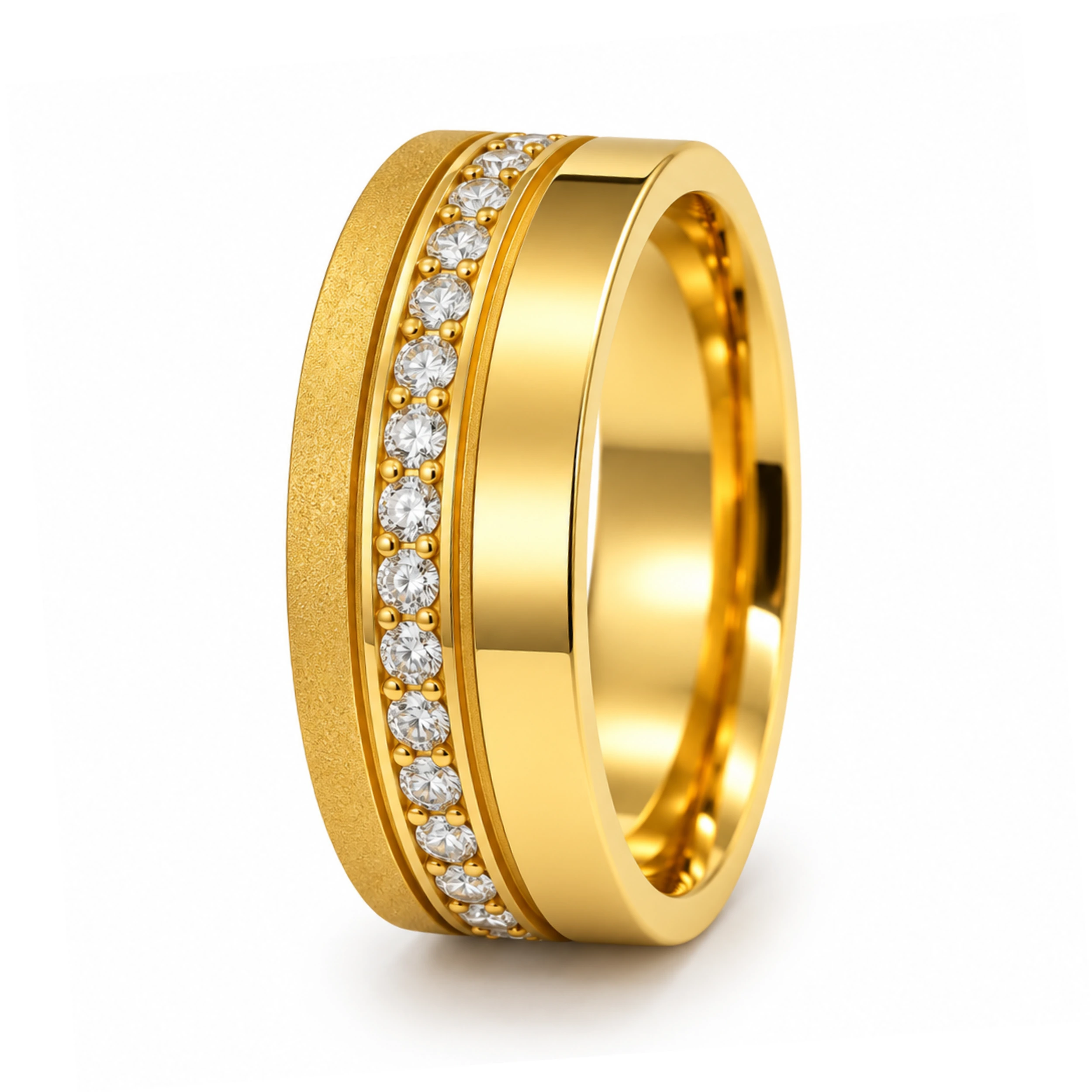 ALIANÇA DE MOEDA 8,0MM QUADRADA DIAMANTADA C/15 PEDRAS LATERA E 2 FRISO 0,50