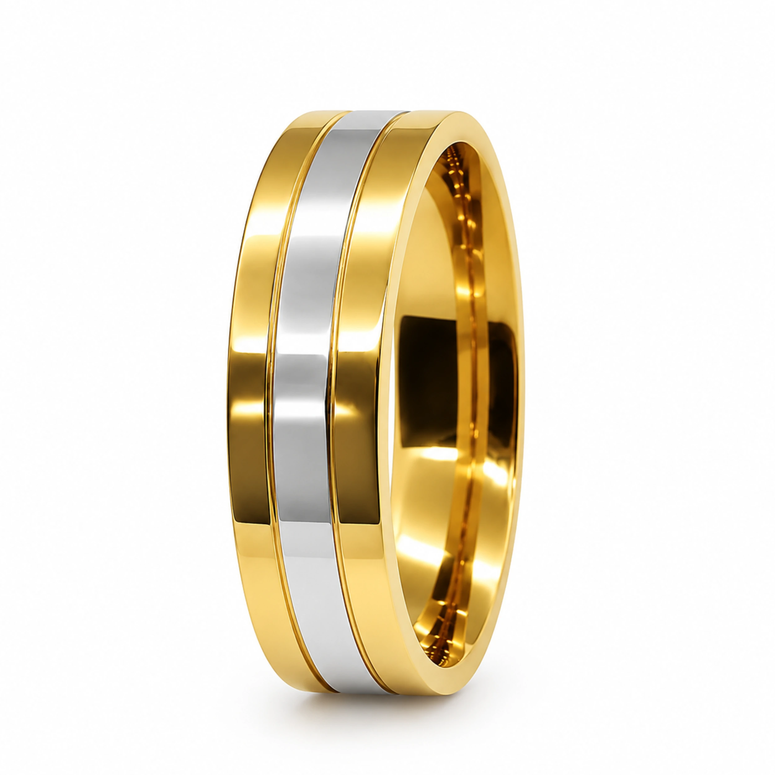 ALIANÇA DE MOEDA 6,0MM ANATÔMICA QUADRADA C/ CHAPA DE PRATA NO CENTRO