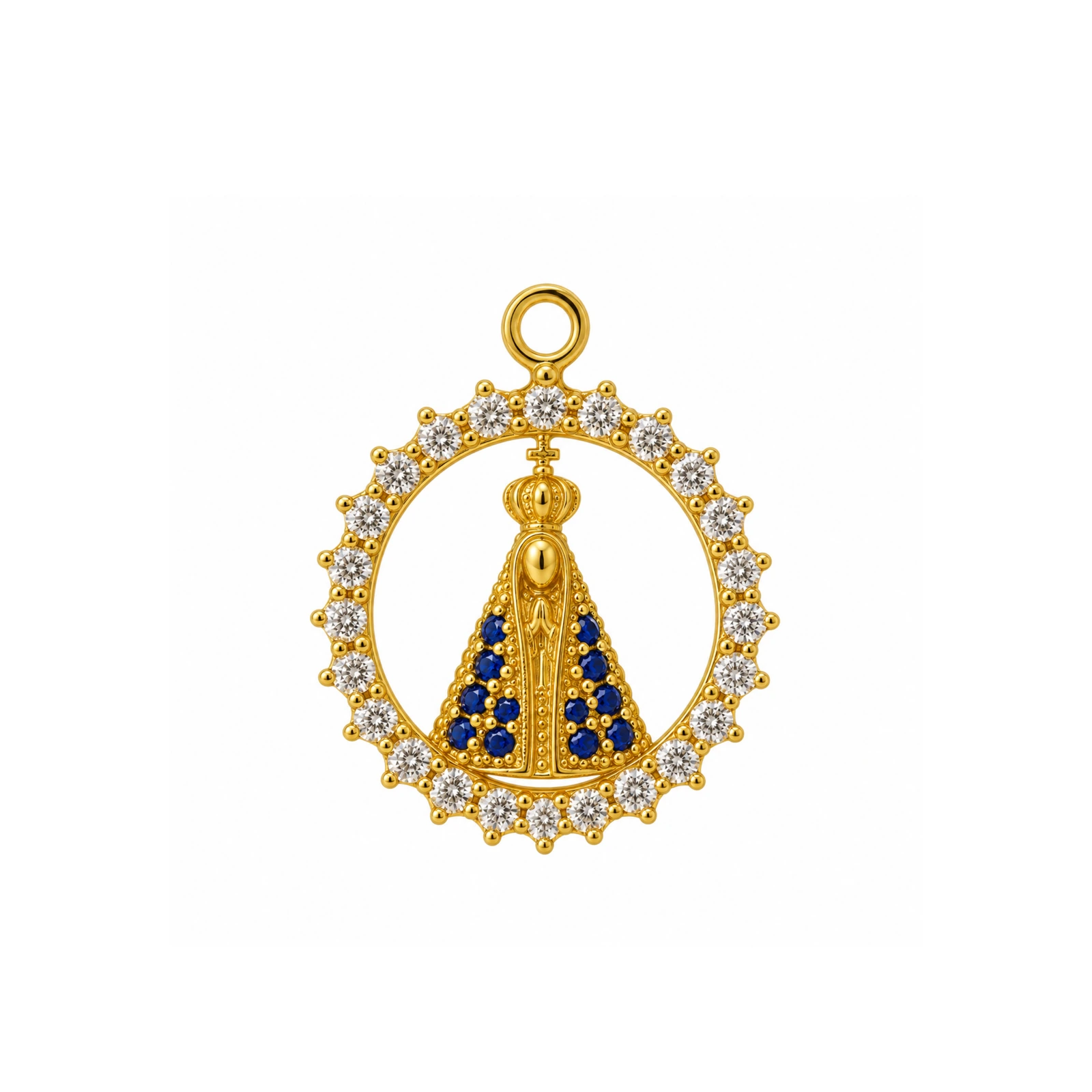 PINGENTE DE MOEDA NOSSA SENHORA APARECIDA PEQUENO DE TAMANHO 1,5 X 1,5 ALTERA COR LATERAL